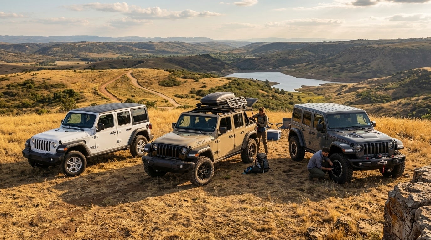 Three Jeep Wranglers parked on a grassy hill overlooking a valley lake during an off-road overland trip. (Representative image for illustration purposes only. Actual vehicle may vary based on trim and configuration.)