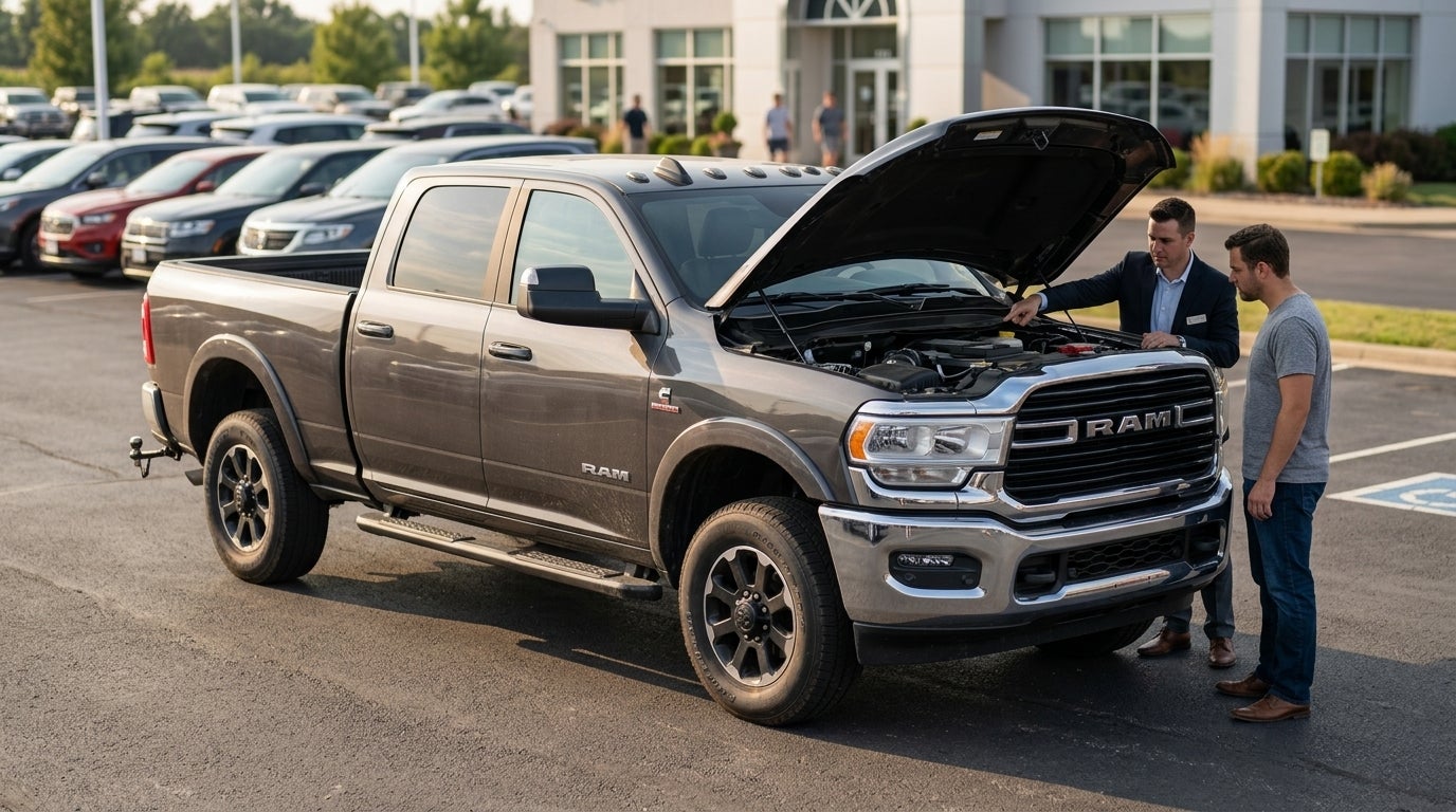 A car salesman points out engine details under the hood of a grey Ram pickup truck to a customer. (Representative image for illustration purposes only. Actual vehicle may vary based on trim and configuration.)