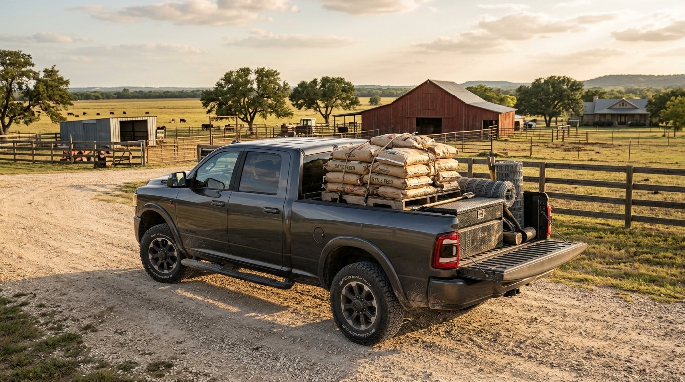 Dark grey Ram pickup truck parked on a gravel ranch driveway with cattle feed bags and fencing in the bed. (Representative image for illustration purposes only. Actual vehicle may vary based on trim and configuration.)