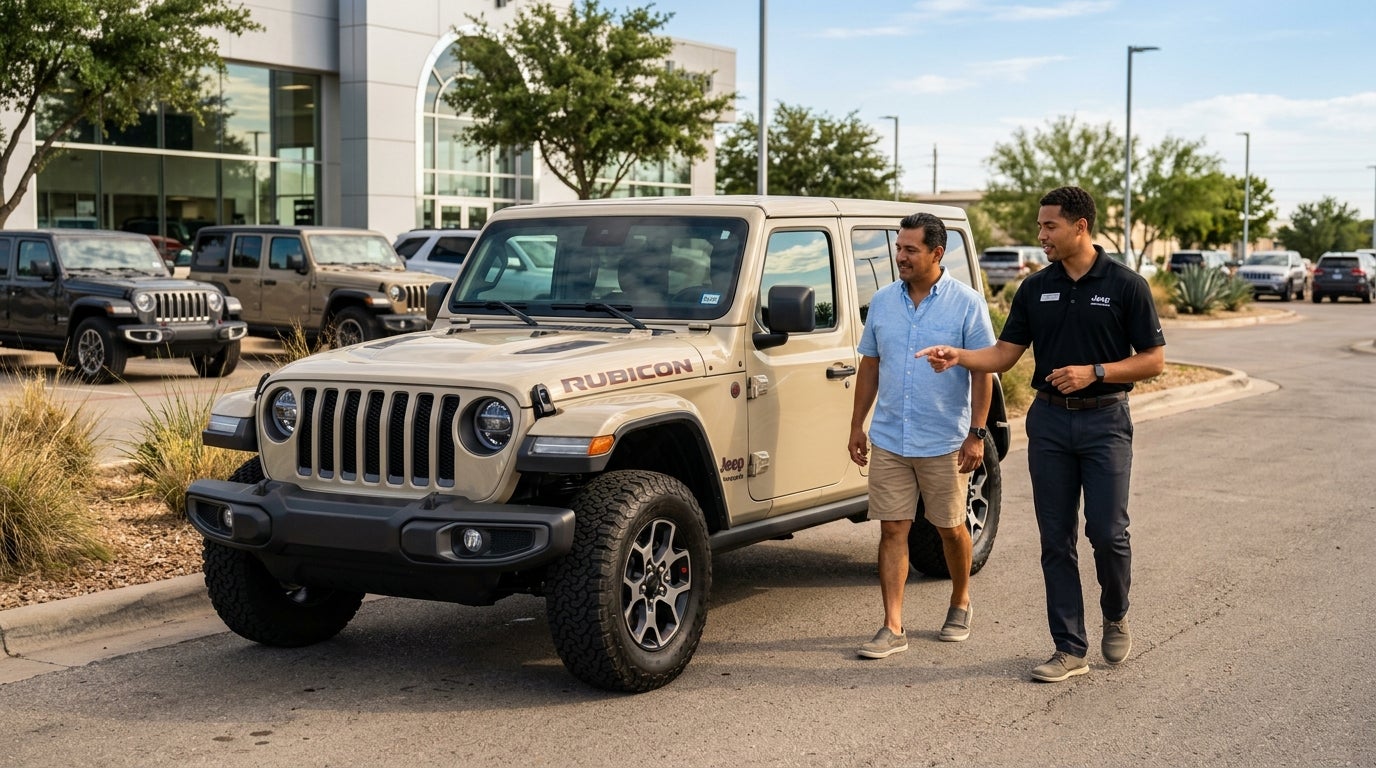 A car salesman pointing while showing a tan Jeep Wrangler Rubicon to a customer at an auto dealership. (Representative image for illustration purposes only. Actual vehicle may vary based on trim and configuration.)