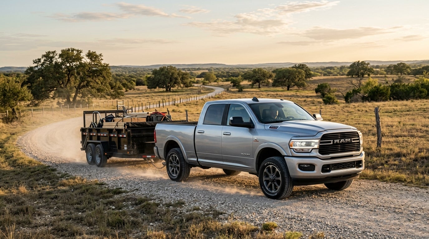 A silver Ram heavy-duty pickup truck towing a black utility trailer along a dirt country road. (Representative image for illustration purposes only. Actual vehicle may vary based on trim and configuration.)