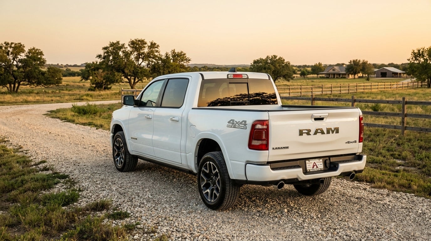 White RAM 1500 Laramie pickup truck parked on a gravel road in a rural countryside.