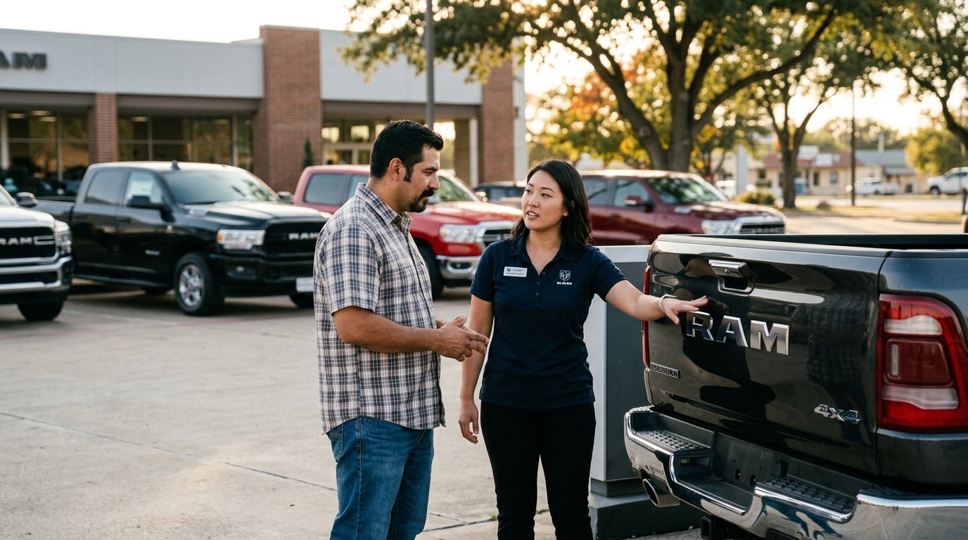 A female car salesperson points out features on a dark pickup truck tailgate to a customer at a dealership. (Representative image for illustration purposes only. Actual vehicle may vary based on trim and configuration.)
