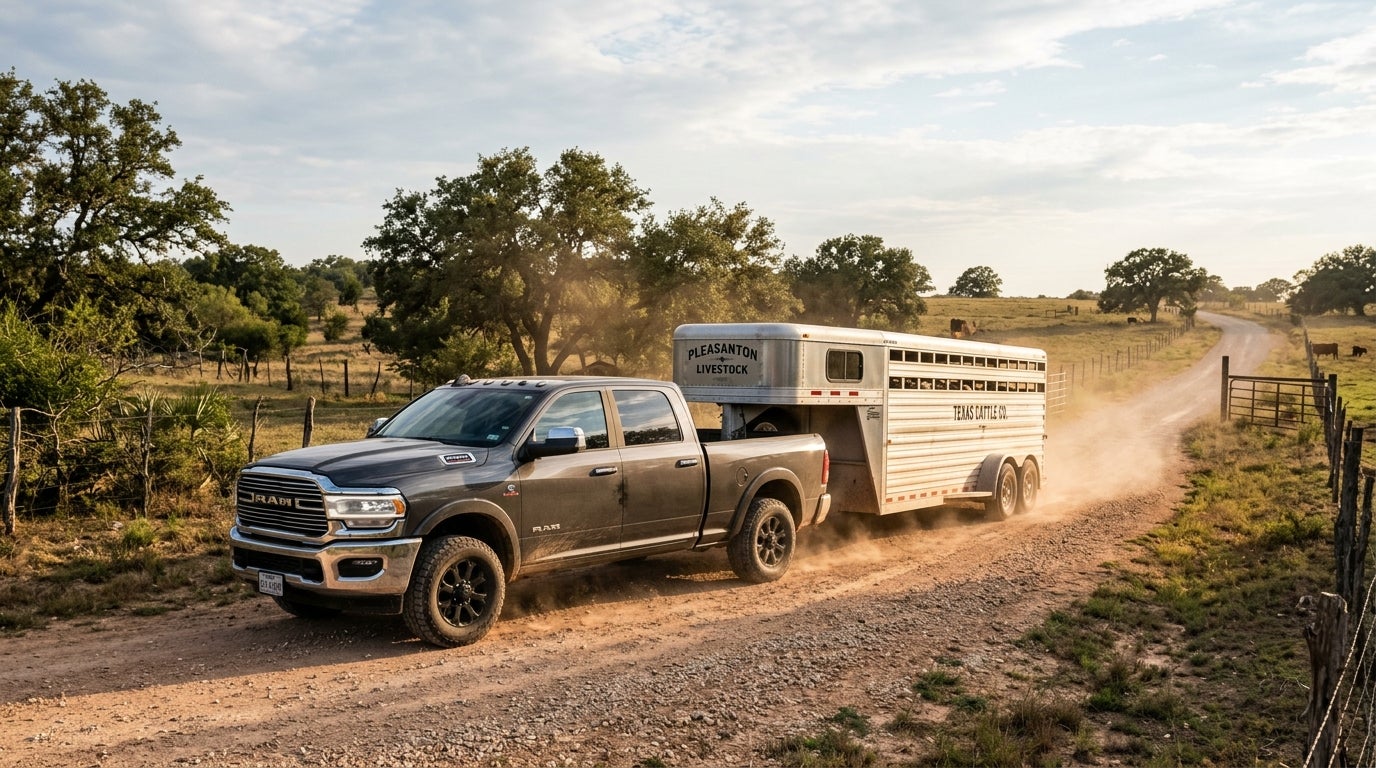 A dark grey Ram pickup truck kicks up dust while pulling a silver cattle trailer along a rural dirt road. (Representative image for illustration purposes only. Actual vehicle may vary based on trim and configuration.)