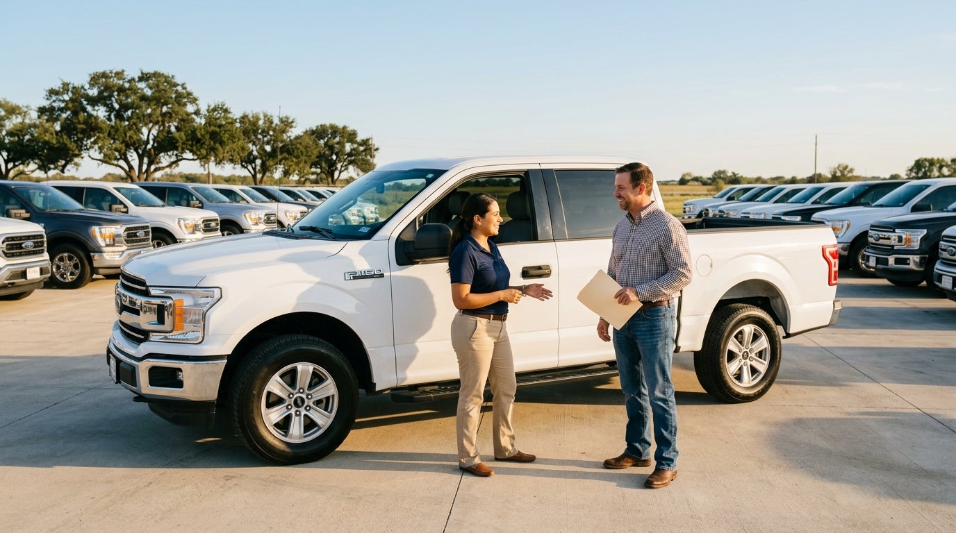 A female sales representative talking to a male customer standing in front of a white pickup truck at a dealership. (Representative image for illustration purposes only. Actual vehicle may vary based on trim and configuration.)
