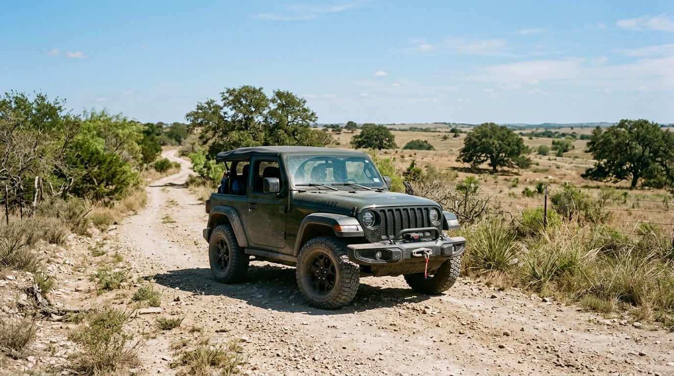 An olive green Jeep Wrangler parked on a rugged dirt road in a grassy countryside. (Representative image for illustration purposes only. Actual vehicle may vary based on trim and configuration.)