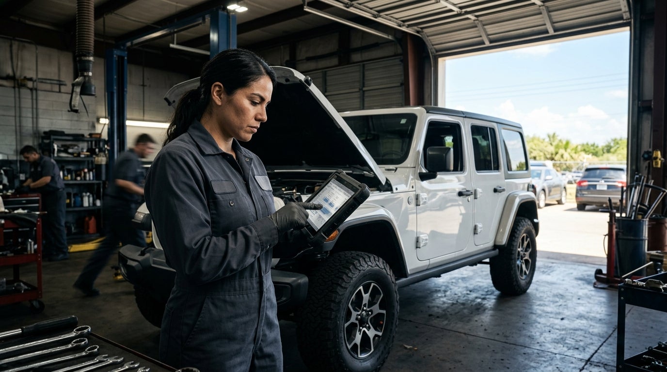 Female mechanic in coveralls inspecting a vehicle using a diagnostic tablet in an auto repair shop. (Representative image for illustration purposes only. Actual vehicle may vary based on trim and configuration.)