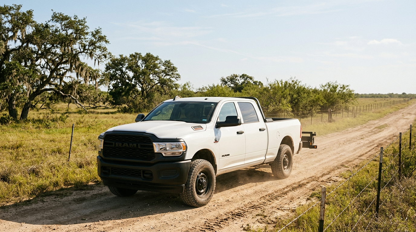 A white RAM heavy-duty pickup truck driving along a dusty dirt road through a Texas ranch field. (Representative image for illustration purposes only. Actual vehicle may vary based on trim and configuration.)