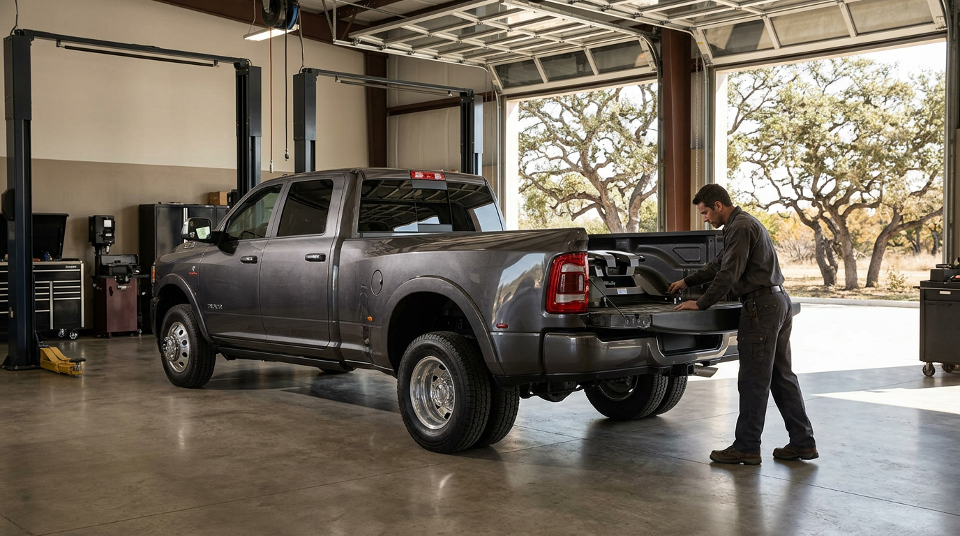 A mechanic servicing a grey Ram dually pickup truck inside a garage bay with an open tailgate. (Representative image for illustration purposes only. Actual vehicle may vary based on trim and configuration.)