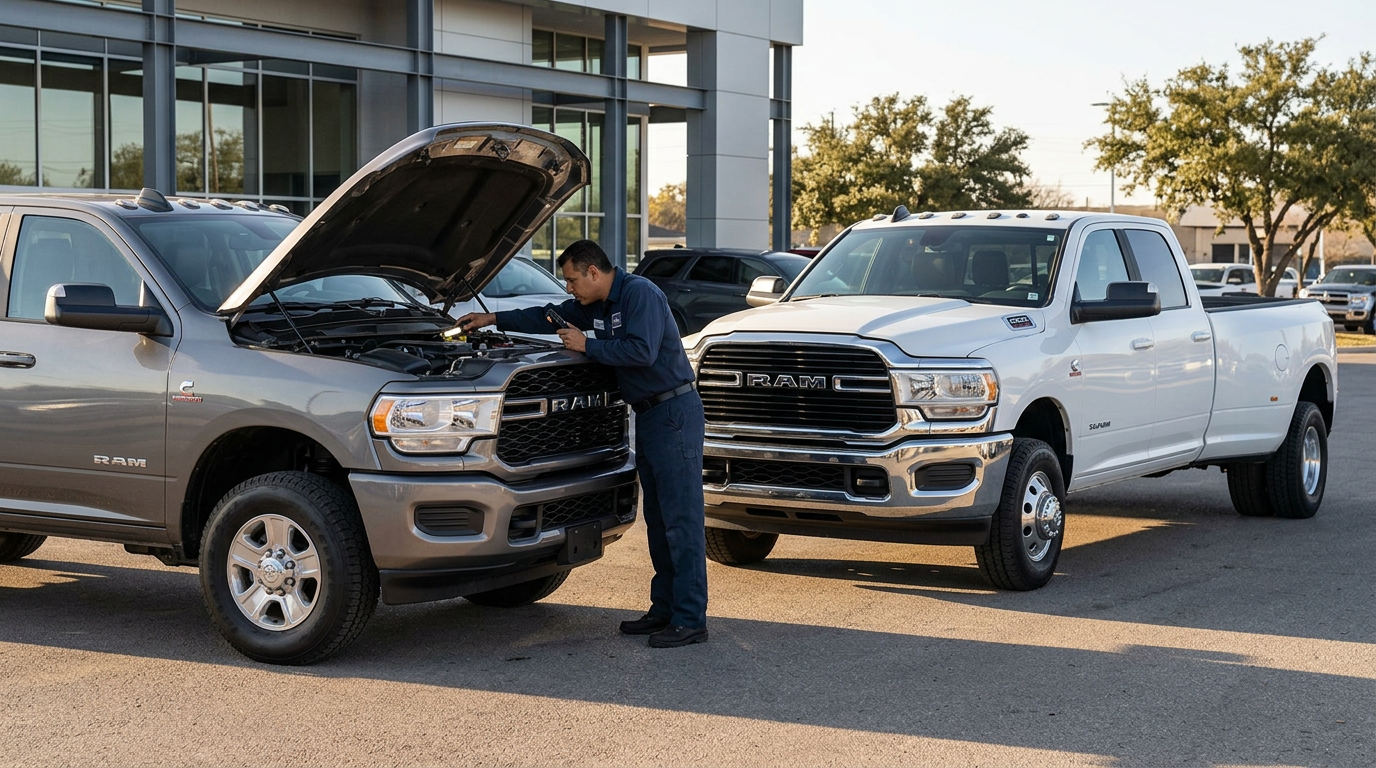 Mechanic inspecting the engine bay of a grey Ram pickup truck parked next to a white Ram dually outside a dealership. (Representative image for illustration purposes only. Actual vehicle may vary based on trim and configuration.)