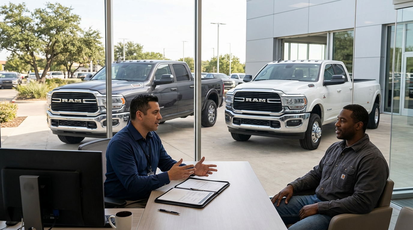 A car salesperson talks to a customer sitting across a desk inside a dealership with RAM trucks parked outside. (Representative image for illustration purposes only. Actual vehicle may vary based on trim and configuration.)