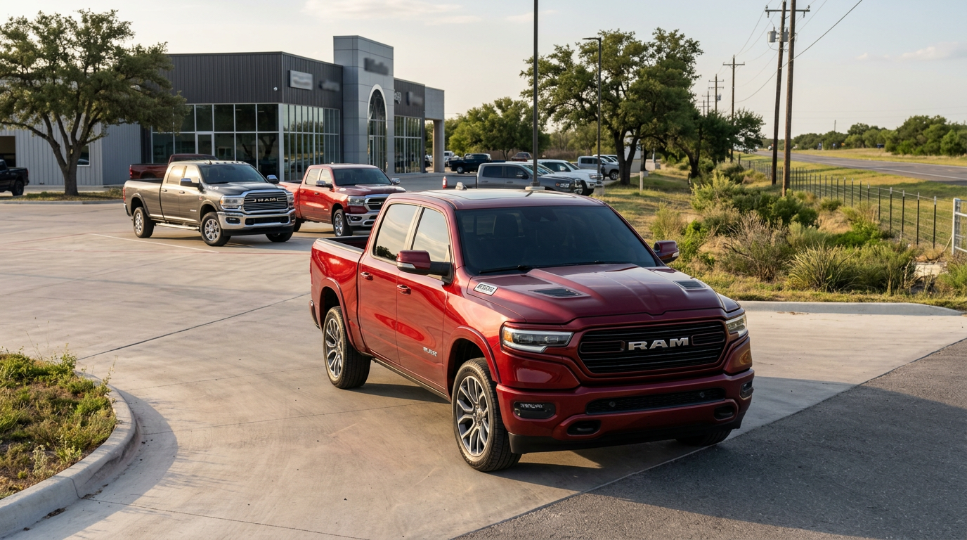 Metallic red RAM truck parked in front of a car dealership lot on a sunny day. (Representative image for illustration purposes only. Actual vehicle may vary based on trim and configuration.)