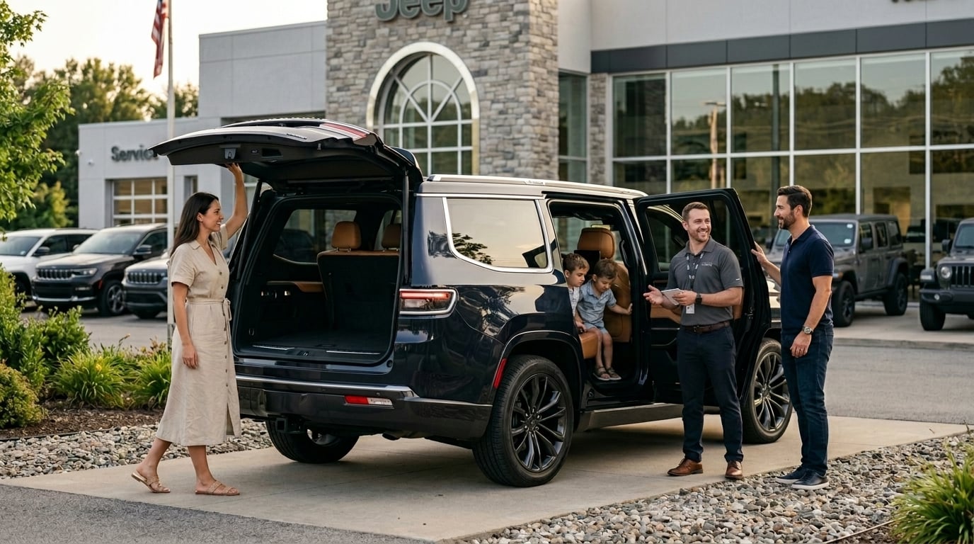 A family looks at a dark blue SUV with open doors and trunk while talking to a dealership employee outside.