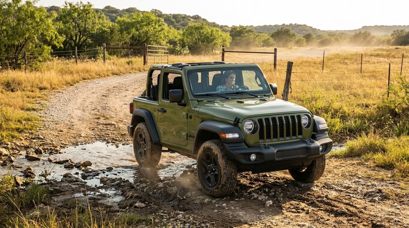 An olive green Jeep Wrangler driving through a small stream on a rural dirt road at sunset.