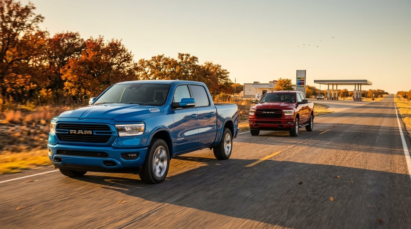 A blue Ram pickup truck driving down a rural highway followed by a red Ram truck during autumn sunset.