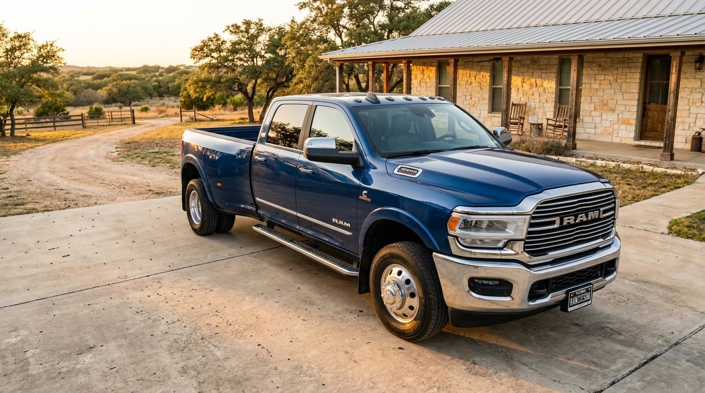 Blue Ram 3500 dually pickup truck parked on a concrete driveway in front of a stone ranch house at sunset.