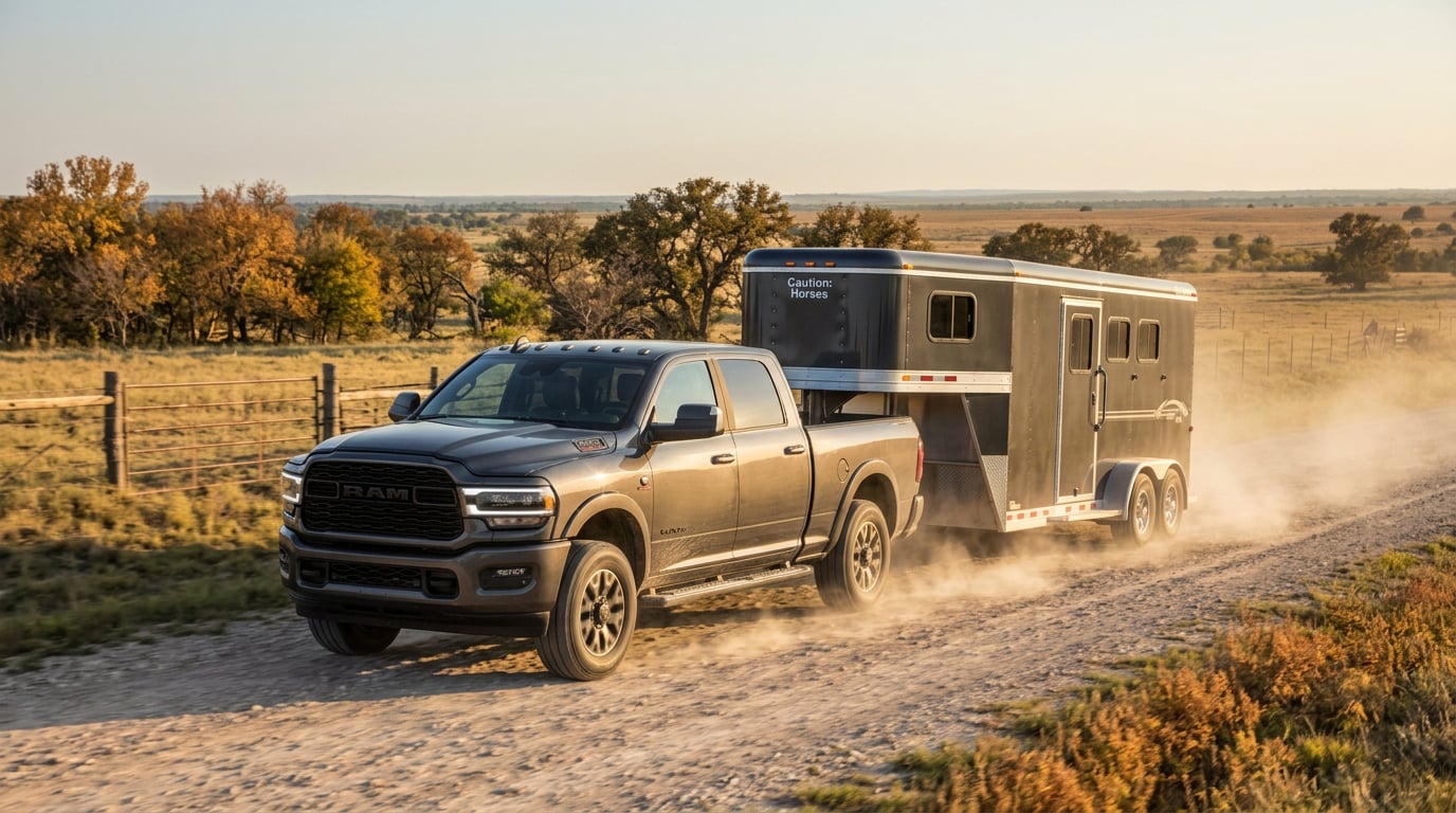 Commercial automotive photograph of a 2026 Ram 2500 Pickup Crew Cab driving along a dusty gravel road on a South Texas ranch. Three-quarter front view wide-shot capturing the heavy-duty truck as it confidently hauls a heavy trailer through gently rolling plains dotted with scattered oak trees and wooden fence lines. Warm golden hour sunlight filters across the landscape, highlighting the vehicle's bold front grille, refined body contour lines, and rugged stance while kicking up a soft trail of dust. Warm earthy color palette, crisp photographic detail, capturing authentic rural utility and ranching strength. (Representative image for illustration purposes only. Actual vehicle may vary based on trim and configuration.)