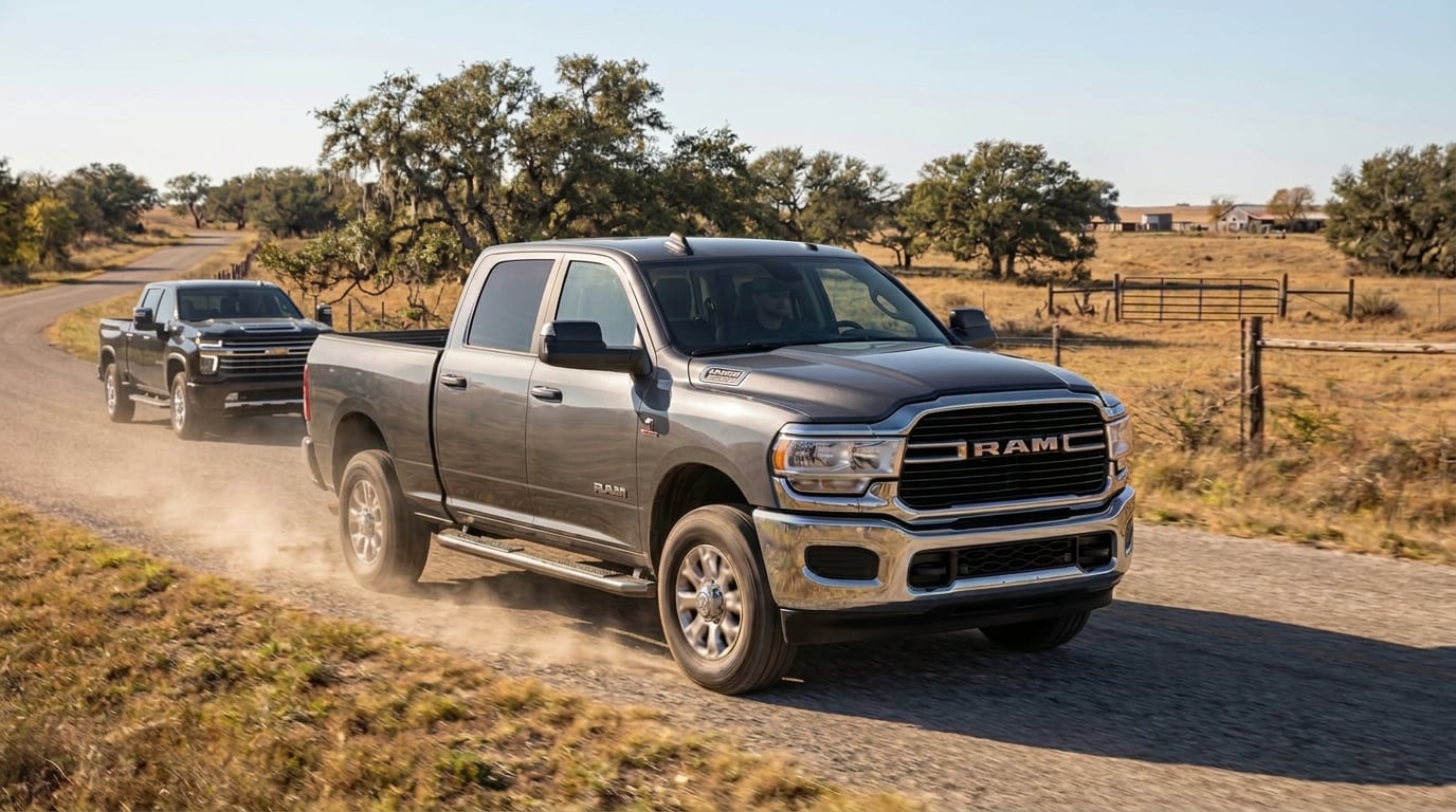 A wide-shot lifestyle photo of a modern 2026 Ram 2500 Big Horn Crew Cab 4x4 pickup truck in metallic gray, parked along a quiet rural road near Pleasanton, Texas, surrounded by gently rolling plains, rustic wooden fence lines, and scattered live oak trees, bright natural daylight illuminating the scene, crisp clear sunny autumn sky, warm golden earth tones, realistic automotive photography, three-quarter angle emphasizing the truck's powerful front grille and heavy-duty 3/4-ton capability, authentic working ranch setting (Representative image for illustration purposes only. Actual vehicle may vary based on trim and configuration.)